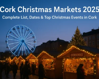 Emmet Place Corkmas Christmas Market with Ferris wheel glowing at twilight.