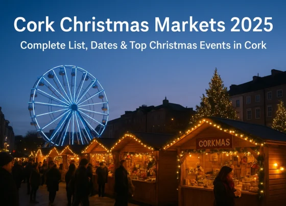 Emmet Place Corkmas Christmas Market with Ferris wheel glowing at twilight.