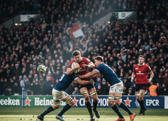Players collide during a high-intensity Champions Cup rugby match in a packed stadium, showcasing elite European club rugby action.
