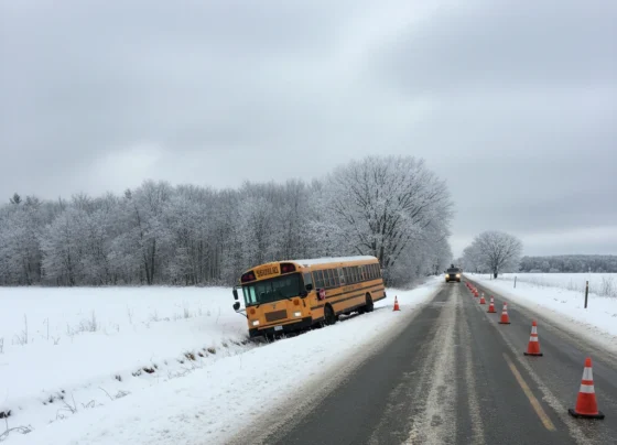 School bus in a ditch on a snowy road after a winter crash in Middlesex.