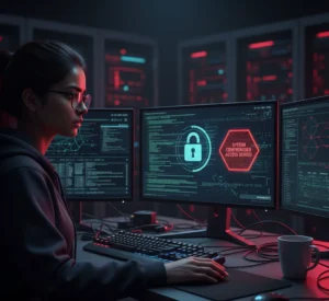 Cybersecurity analyst reviewing alert screens during a cyberattack investigation.