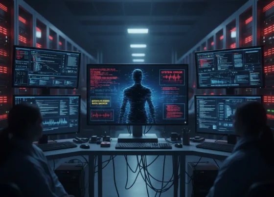 Hospital control room with blue-lit screens showing system errors during a cyberattack.