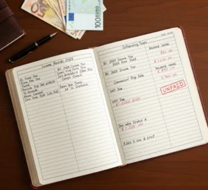 Pile of Irish euro notes with a tax notice representing the 2025 tax defaulters list