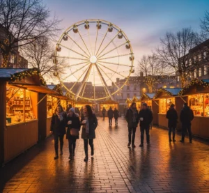 Emmet Place Corkmas Christmas Market with Ferris wheel glowing at twilight.