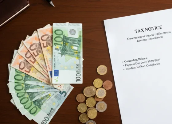 Pile of Irish euro notes with a tax notice representing the 2025 tax defaulters list