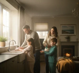 “Family practicing hygiene and safety at home to prevent flu and COVID in winter 2025 Ireland.”
