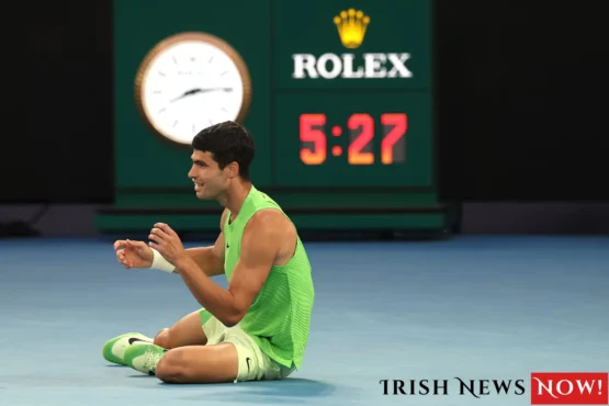 Carlos Alcaraz celebrates victory over Alexander Zverev at the Australian Open semi-final.