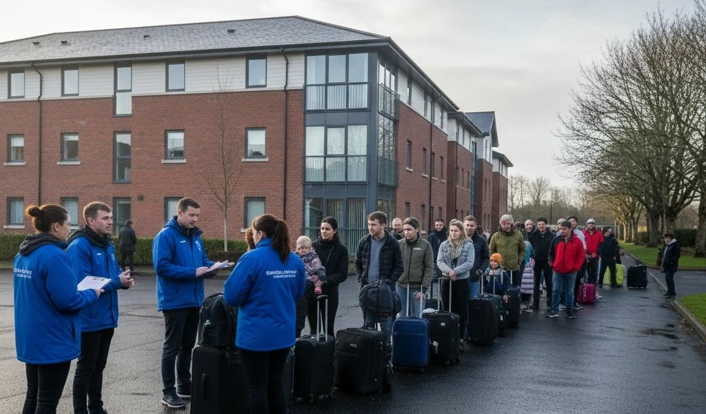Group of people arriving at an asylum accommodation centre in Ireland