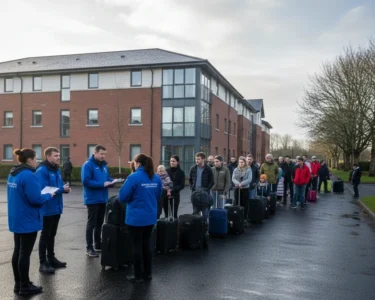 Group of people arriving at an asylum accommodation centre in Ireland