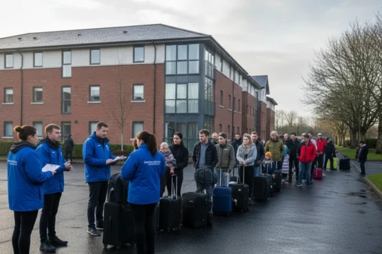 Group of people arriving at an asylum accommodation centre in Ireland