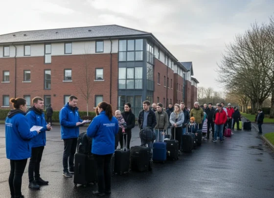 Group of people arriving at an asylum accommodation centre in Ireland