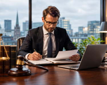 Professional attorney reviewing legal documents in a modern law office in Ireland.
