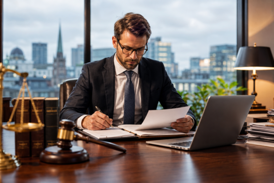 Professional attorney reviewing legal documents in a modern law office in Ireland.