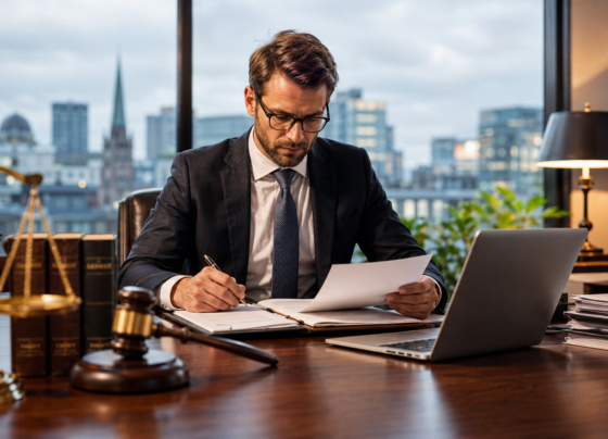Professional attorney reviewing legal documents in a modern law office in Ireland.