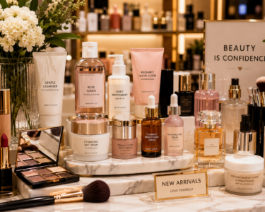 Luxury skincare and makeup products displayed on a modern beauty counter in Ireland.