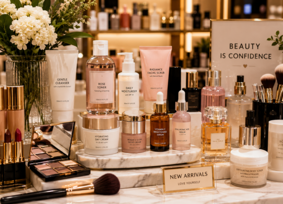 Luxury skincare and makeup products displayed on a modern beauty counter in Ireland.