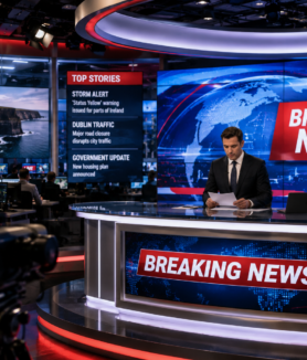 Breaking news newsroom with journalists working on live updates in Ireland.