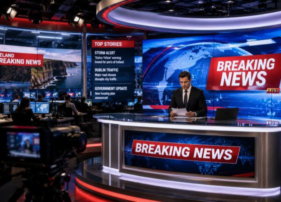 Breaking news newsroom with journalists working on live updates in Ireland.