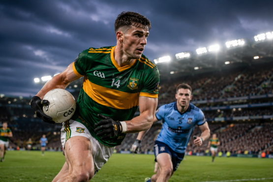 David Clifford playing Gaelic football for Kerry during a championship match in Ireland.