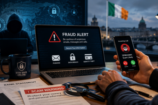 Person using a laptop while reviewing suspicious online transactions, representing fraud awareness and cyber security in Ireland.