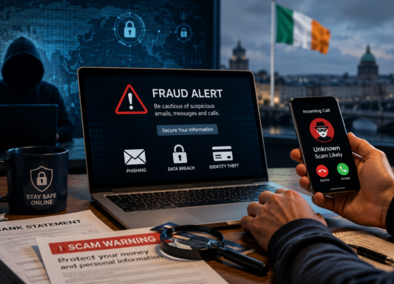 Person using a laptop while reviewing suspicious online transactions, representing fraud awareness and cyber security in Ireland.