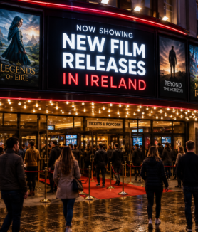 Cinema entrance in Ireland promoting the latest film releases with movie posters and audiences.