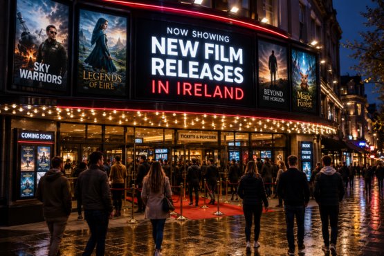 Cinema entrance in Ireland promoting the latest film releases with movie posters and audiences.