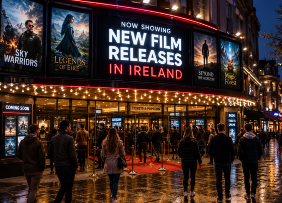 Cinema entrance in Ireland promoting the latest film releases with movie posters and audiences.