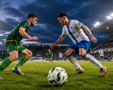 Kerry FC and Finn Harps players competing during a League of Ireland football match in a modern stadium.