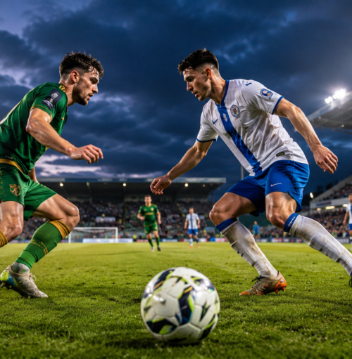 Kerry FC and Finn Harps players competing during a League of Ireland football match in a modern stadium.