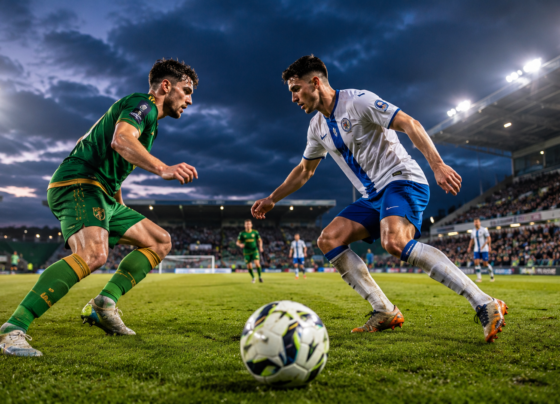 Kerry FC and Finn Harps players competing during a League of Ireland football match in a modern stadium.