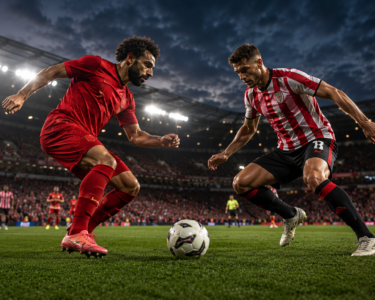 Liverpool and Sunderland players competing during a football match inside a packed stadium under floodlights.