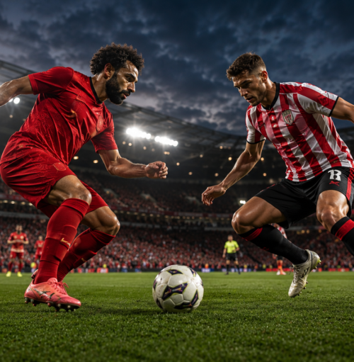 Liverpool and Sunderland players competing during a football match inside a packed stadium under floodlights.