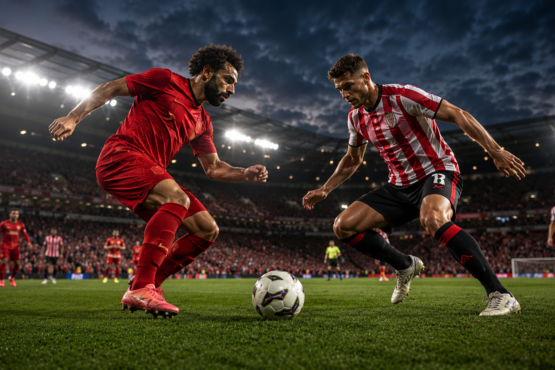 Liverpool and Sunderland players competing during a football match inside a packed stadium under floodlights.