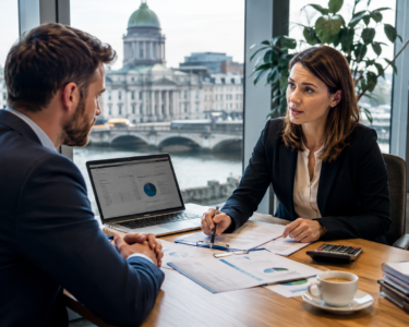 Financial advisor discussing personal loan options with a customer in a modern Irish bank office.