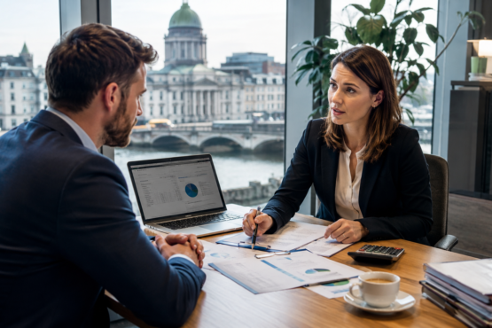 Financial advisor discussing personal loan options with a customer in a modern Irish bank office.