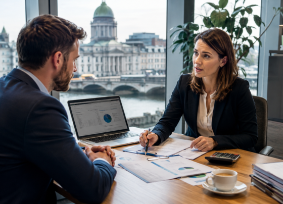Financial advisor discussing personal loan options with a customer in a modern Irish bank office.