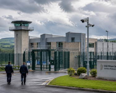 Modern prison facility in Ireland with secure buildings, perimeter fencing and correctional officers.