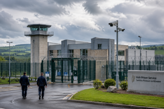 Modern prison facility in Ireland with secure buildings, perimeter fencing and correctional officers.