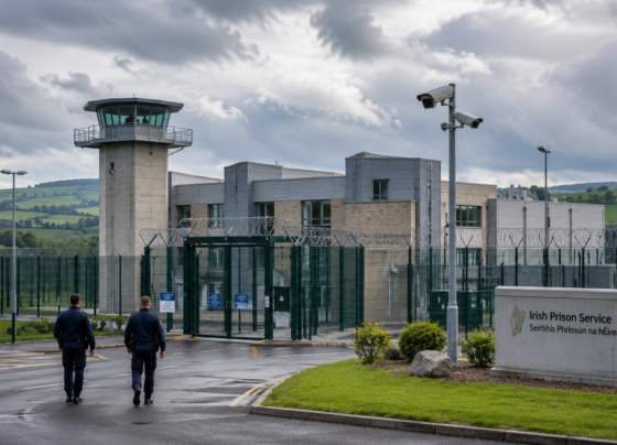 Modern prison facility in Ireland with secure buildings, perimeter fencing and correctional officers.