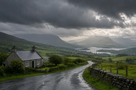 Dark rain clouds over the Irish countryside with rainfall and green landscapes in Ireland.
