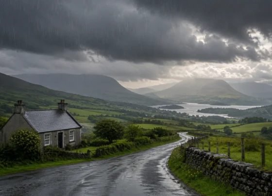 Dark rain clouds over the Irish countryside with rainfall and green landscapes in Ireland.