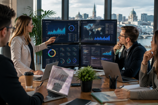 Marketing professional analyzing digital marketing data on multiple screens in a modern Irish office.