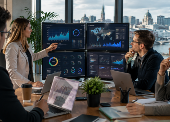 Marketing professional analyzing digital marketing data on multiple screens in a modern Irish office.