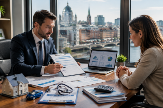 Insurance advisor explaining different insurance policies to a customer in a modern Irish office.