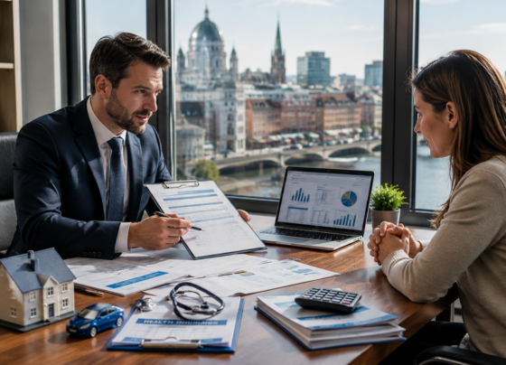 Insurance advisor explaining different insurance policies to a customer in a modern Irish office.
