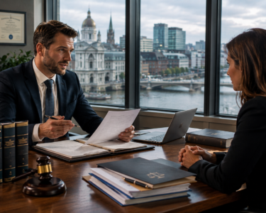 Professional solicitor providing legal consultation in a modern Irish law office.