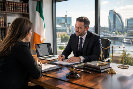 Professional Lawyers.Irish legal consultation in a modern Irish law office with solicitor advising a client.