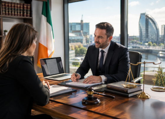 Professional Lawyers.Irish legal consultation in a modern Irish law office with solicitor advising a client.
