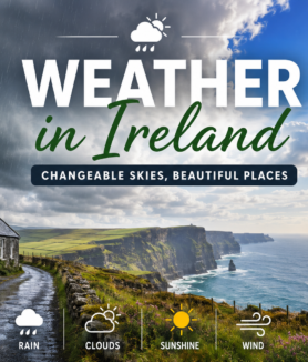 Weather in Ireland with cloudy skies, sunshine and rain over the Irish landscape